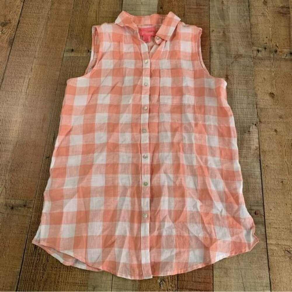 Isaac Mizrahi white and orange Button up sleeveless linen blouse women’s small